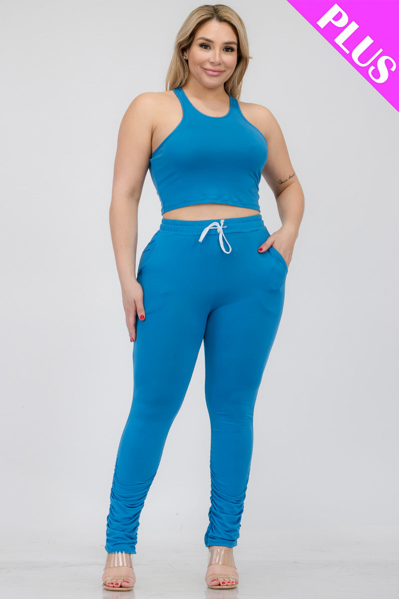 Plus Size Crop Tank Top & Ruched Pants Set - Capella Apparel