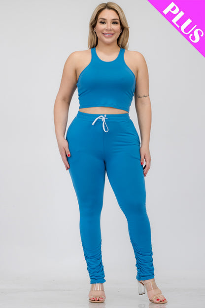 Plus Size Crop Tank Top & Ruched Pants Set - Capella Apparel