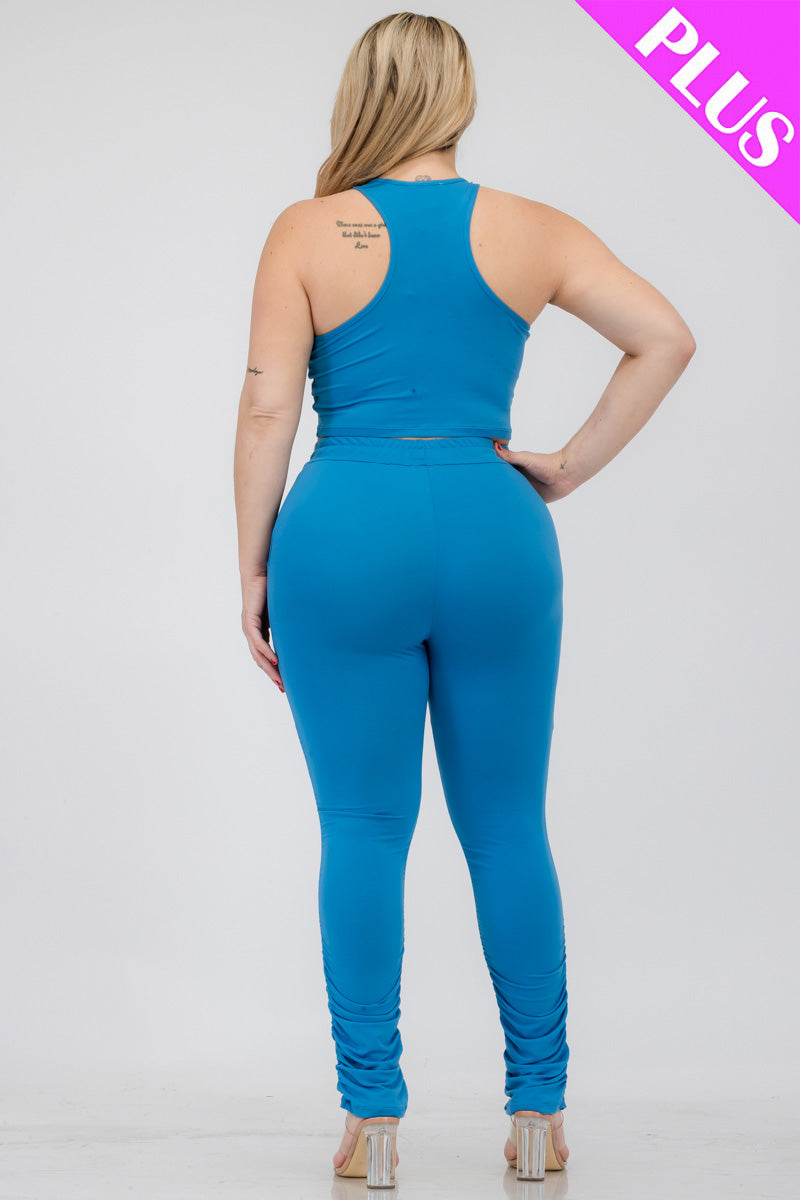 Plus Size Crop Tank Top & Ruched Pants Set - Capella Apparel