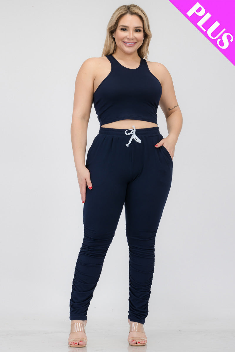 Plus Size Crop Tank Top & Ruched Pants Set - Capella Apparel