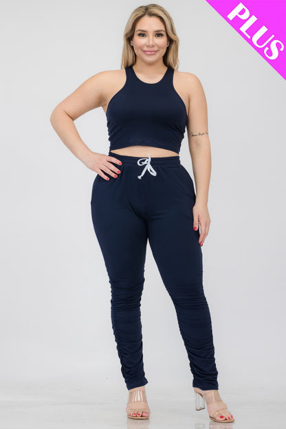 Plus Size Crop Tank Top & Ruched Pants Set - Capella Apparel