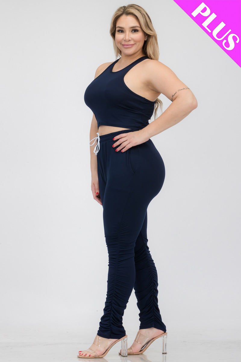 Plus Size Crop Tank Top & Ruched Pants Set - Capella Apparel