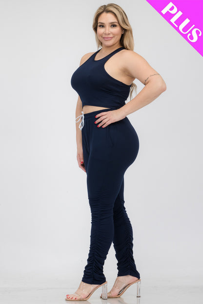 Plus Size Crop Tank Top & Ruched Pants Set - Capella Apparel