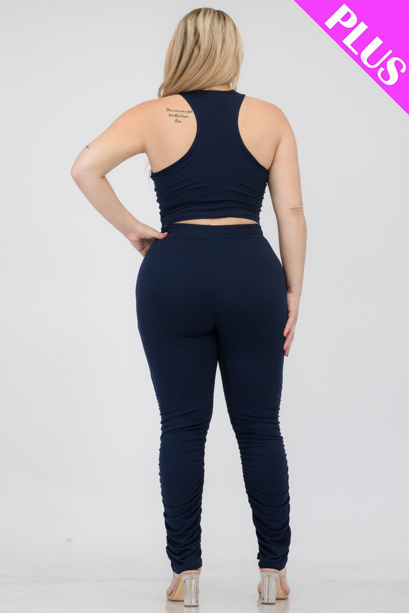 Plus Size Crop Tank Top & Ruched Pants Set - Capella Apparel