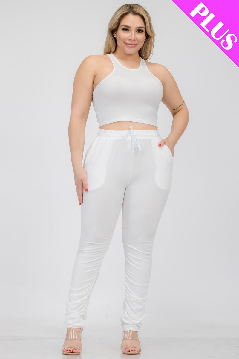 Plus Size Crop Tank Top & Ruched Pants Set - Capella Apparel