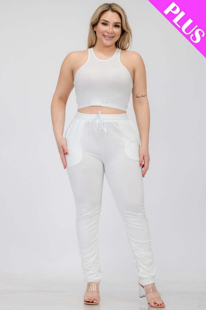 Plus Size Crop Tank Top & Ruched Pants Set - Capella Apparel