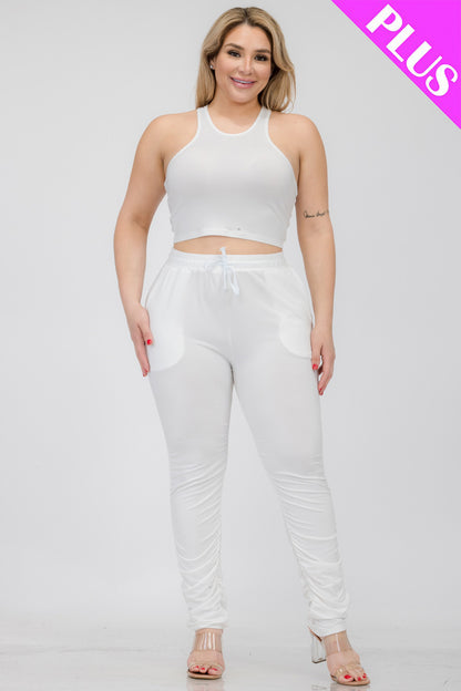 Plus Size Crop Tank Top & Ruched Pants Set - Capella Apparel