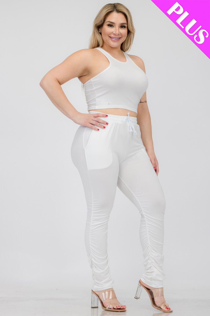 Plus Size Crop Tank Top & Ruched Pants Set - Capella Apparel