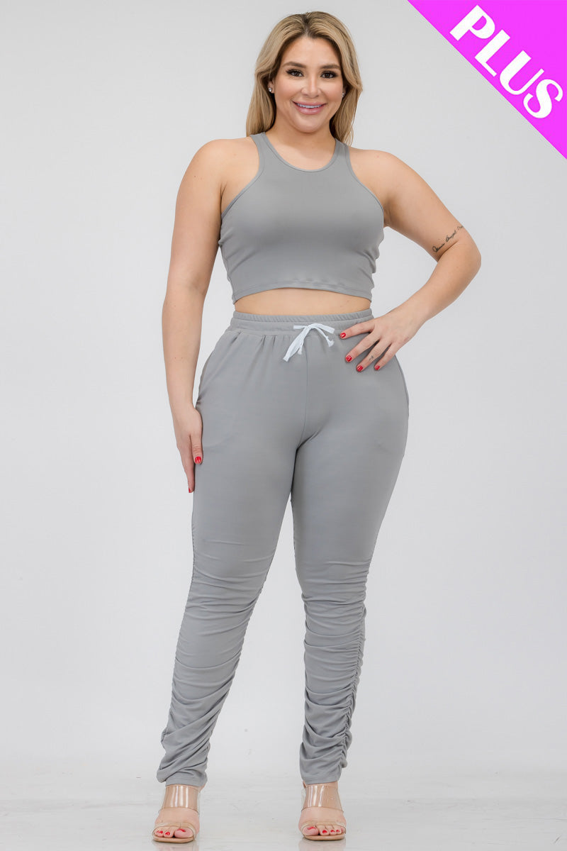 Plus Size Crop Tank Top & Ruched Pants Set - Capella Apparel