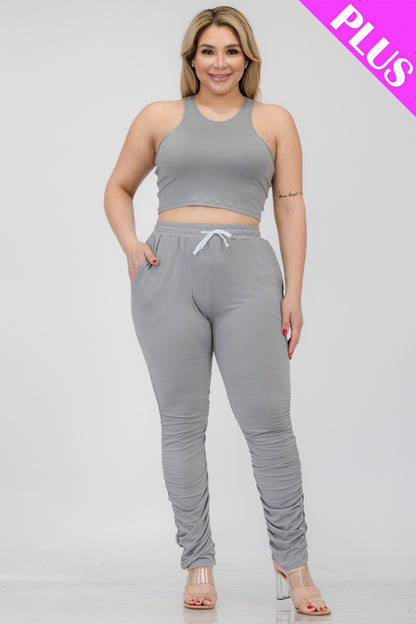 Plus Size Crop Tank Top & Ruched Pants Set - Capella Apparel