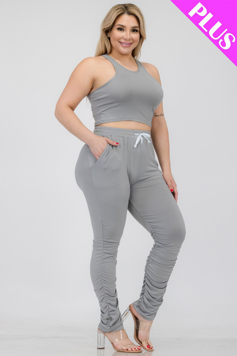 Plus Size Crop Tank Top & Ruched Pants Set - Capella Apparel