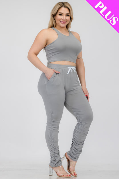 Plus Size Crop Tank Top & Ruched Pants Set - Capella Apparel