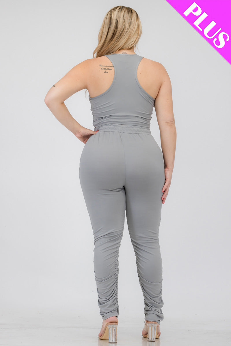 Plus Size Crop Tank Top & Ruched Pants Set - Capella Apparel