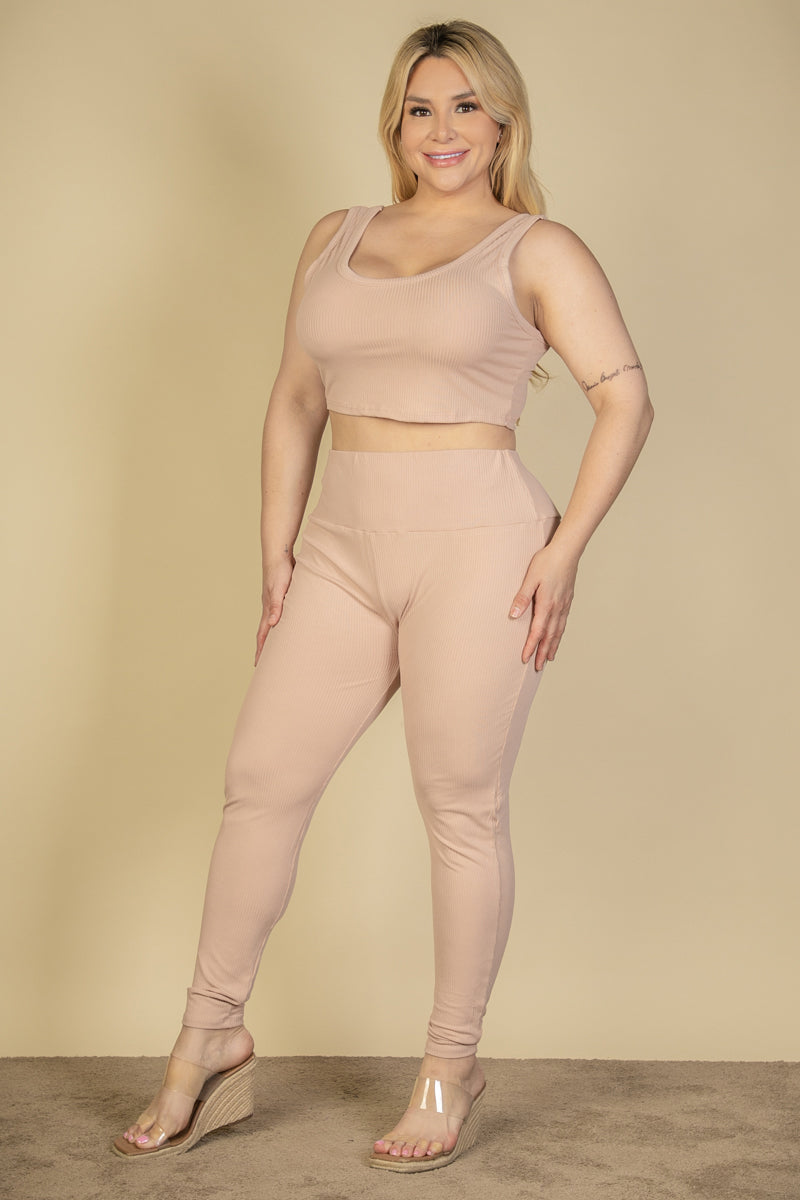 Plus Size Ribbed Crop Top & Leggings Set (CAPELLA) - Capella Apparel