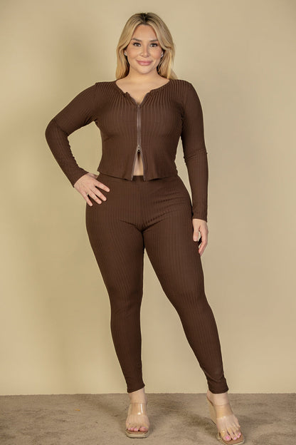 Plus Size Ribbed Zip Front Long Sleeve Top & Leggings Set (CAPELLA) - Capella Apparel