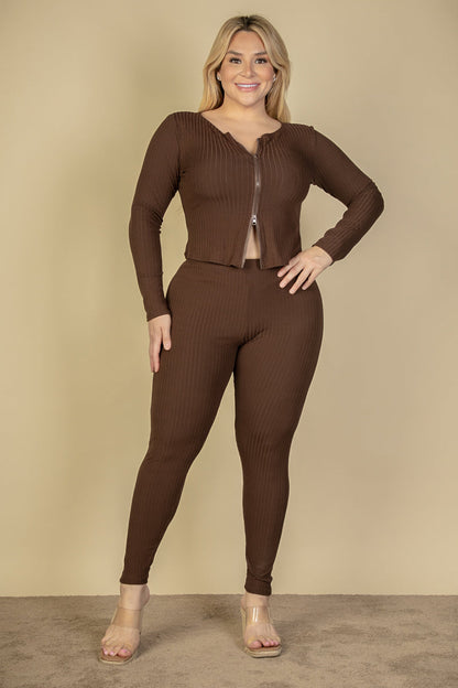 Plus Size Ribbed Zip Front Long Sleeve Top & Leggings Set (CAPELLA) - Capella Apparel