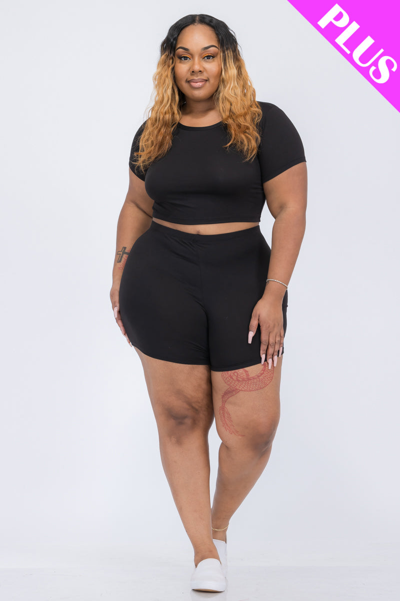 Plus Size Short Sleeve Crop Top & Shorts Set - Capella Apparel