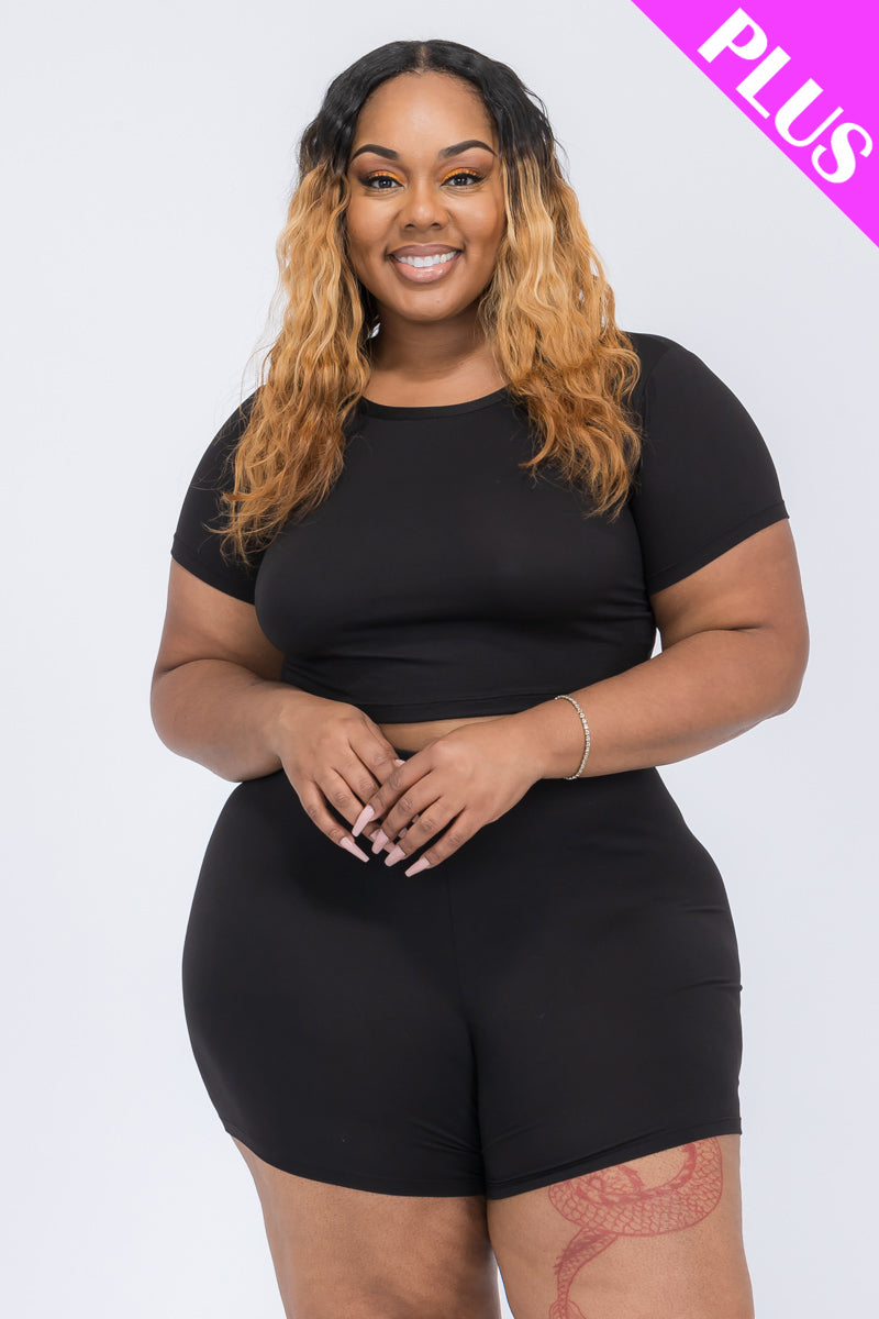 Plus Size Short Sleeve Crop Top & Shorts Set - Capella Apparel