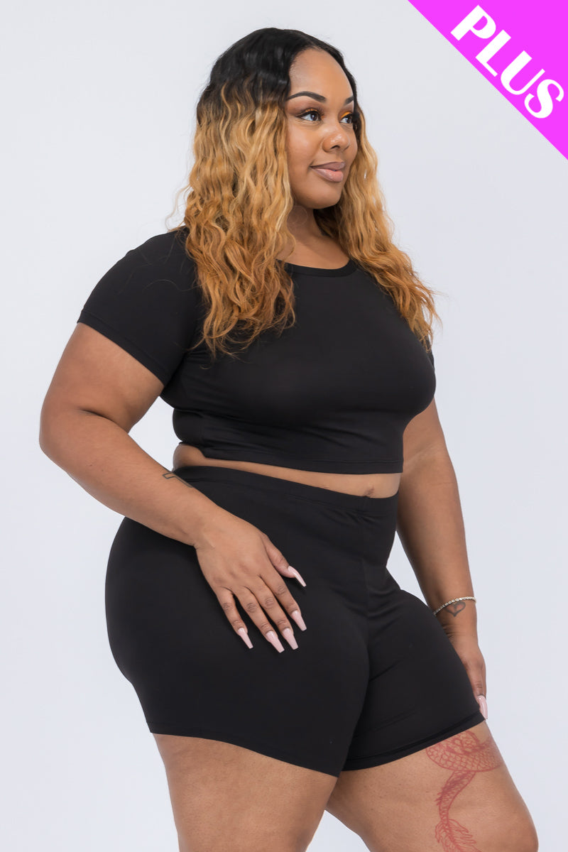 Plus Size Short Sleeve Crop Top & Shorts Set - Capella Apparel