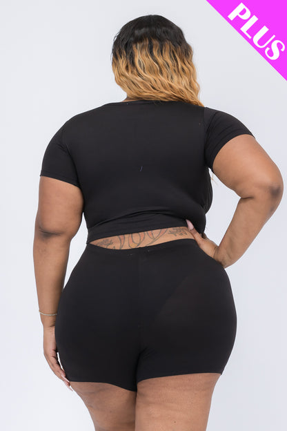 Plus Size Short Sleeve Crop Top & Shorts Set - Capella Apparel