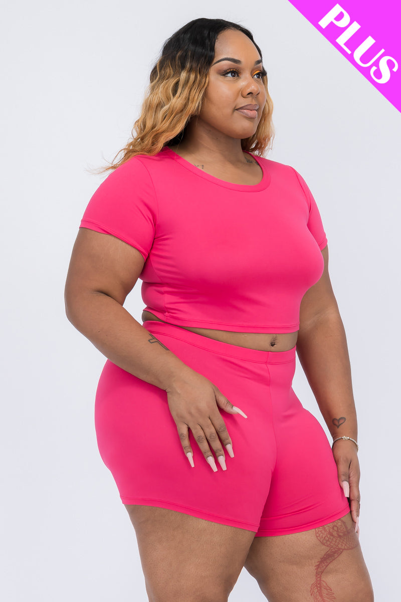 Plus Size Short Sleeve Crop Top & Shorts Set - Capella Apparel