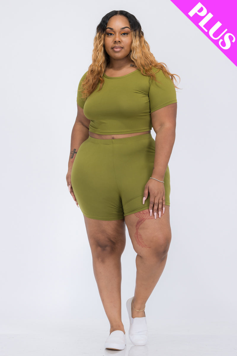 Plus Size Short Sleeve Crop Top & Shorts Set - Capella Apparel