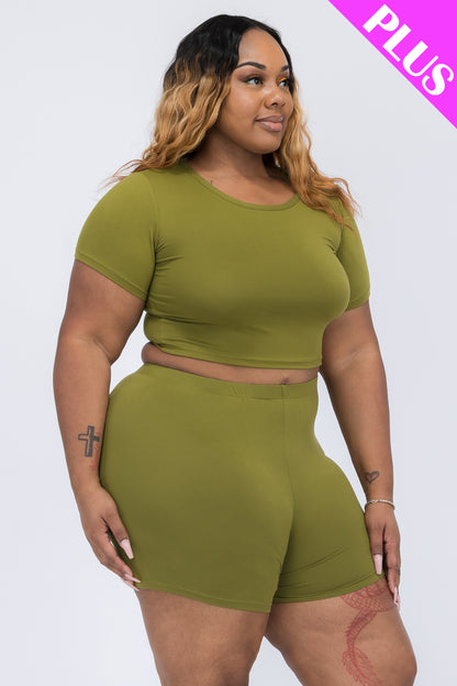 Plus Size Short Sleeve Crop Top & Shorts Set - Capella Apparel