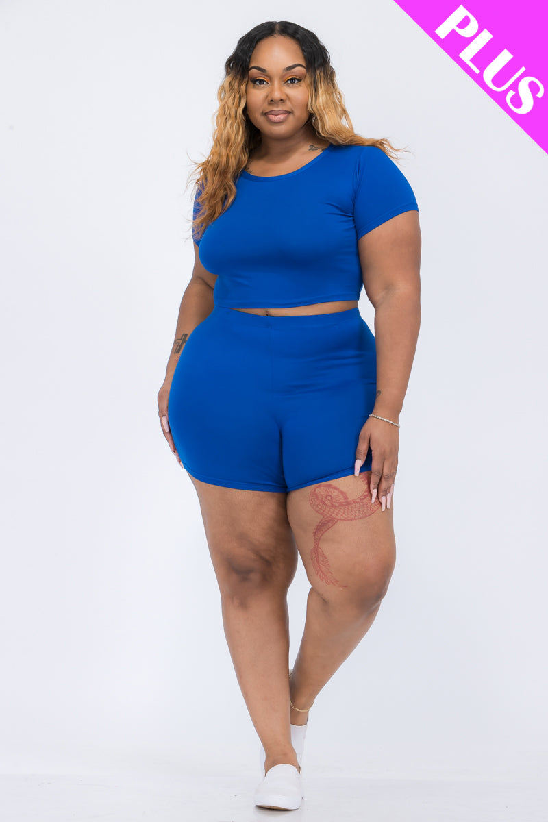 Plus Size Short Sleeve Crop Top & Shorts Set - Capella Apparel