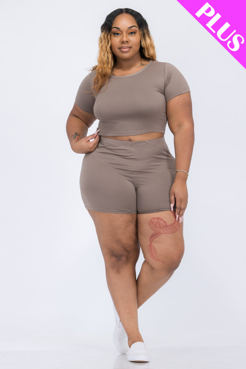 Plus Size Short Sleeve Crop Top & Shorts Set - Capella Apparel