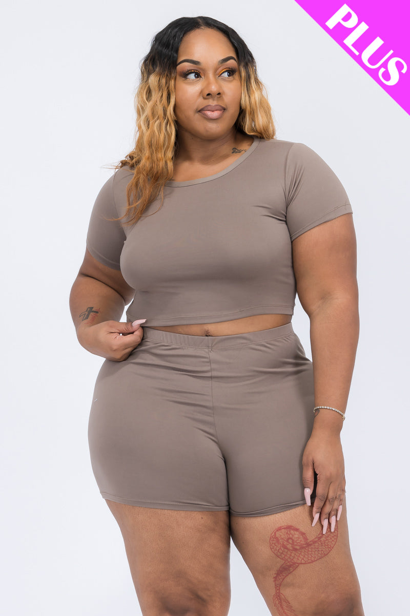 Plus Size Short Sleeve Crop Top & Shorts Set - Capella Apparel