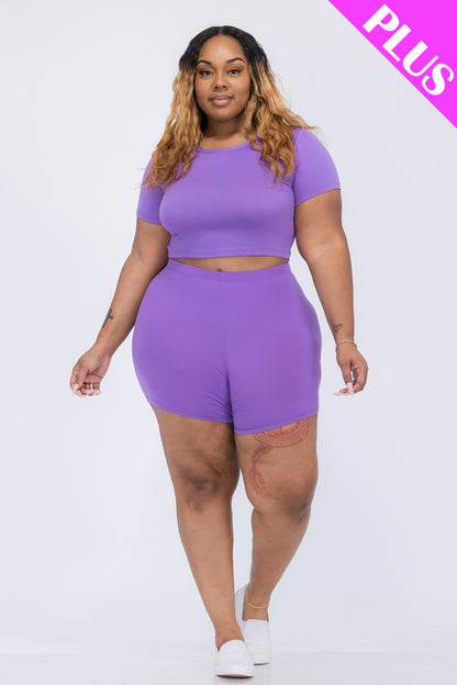 Plus Size Short Sleeve Crop Top & Shorts Set - Capella Apparel