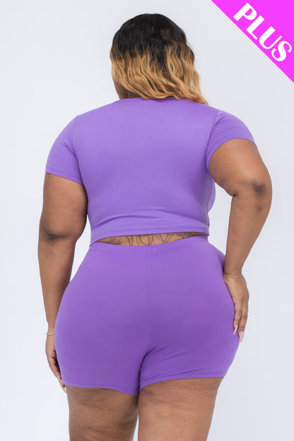 Plus Size Short Sleeve Crop Top & Shorts Set - Capella Apparel