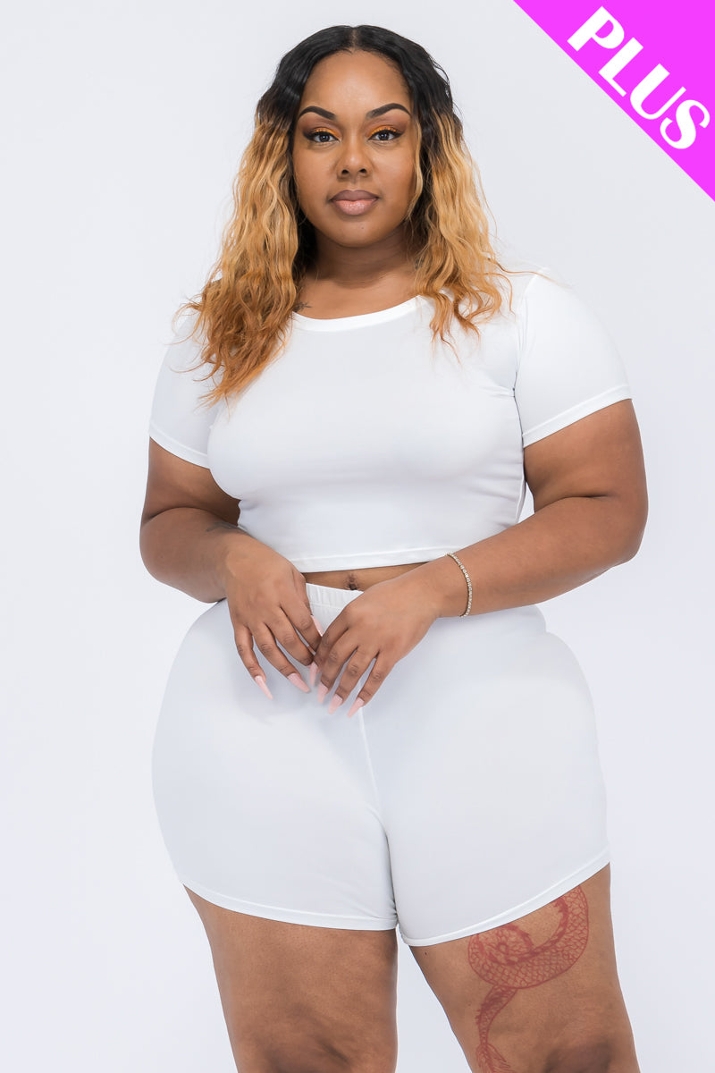 Plus Size Short Sleeve Crop Top & Shorts Set - Capella Apparel