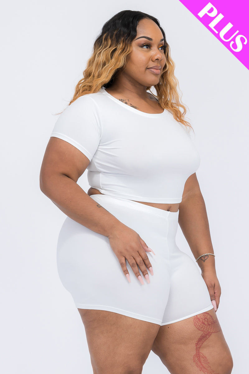 Plus Size Short Sleeve Crop Top & Shorts Set - Capella Apparel