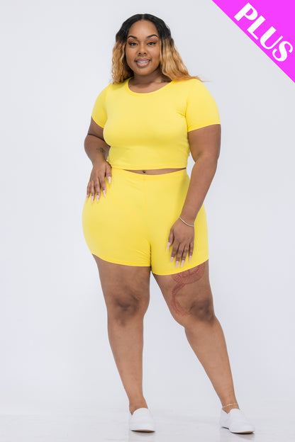 Plus Size Short Sleeve Crop Top & Shorts Set - Capella Apparel