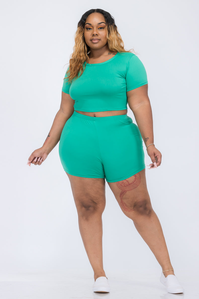 Plus Size Short Sleeve Crop Top & Shorts Set - Capella Apparel