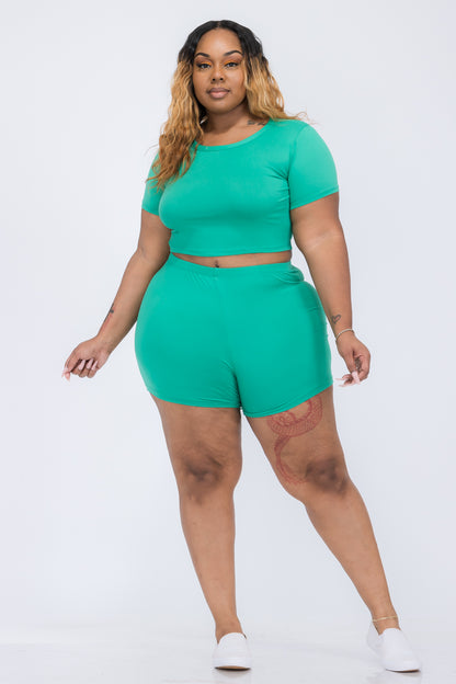 Plus Size Short Sleeve Crop Top & Shorts Set - Capella Apparel