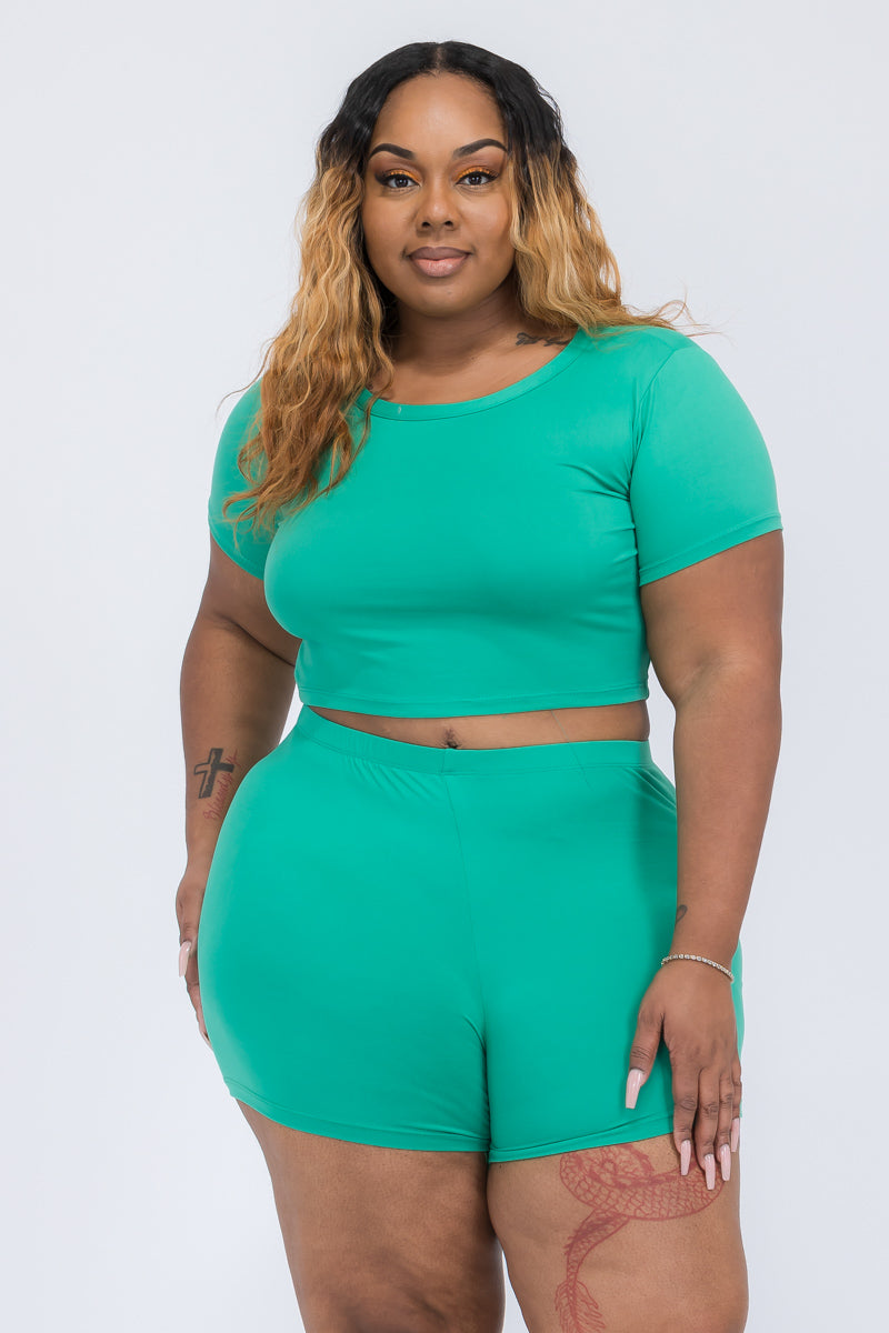 Plus Size Short Sleeve Crop Top & Shorts Set - Capella Apparel