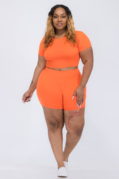 Plus Size Short Sleeve Crop Top & Shorts Set - Capella Apparel