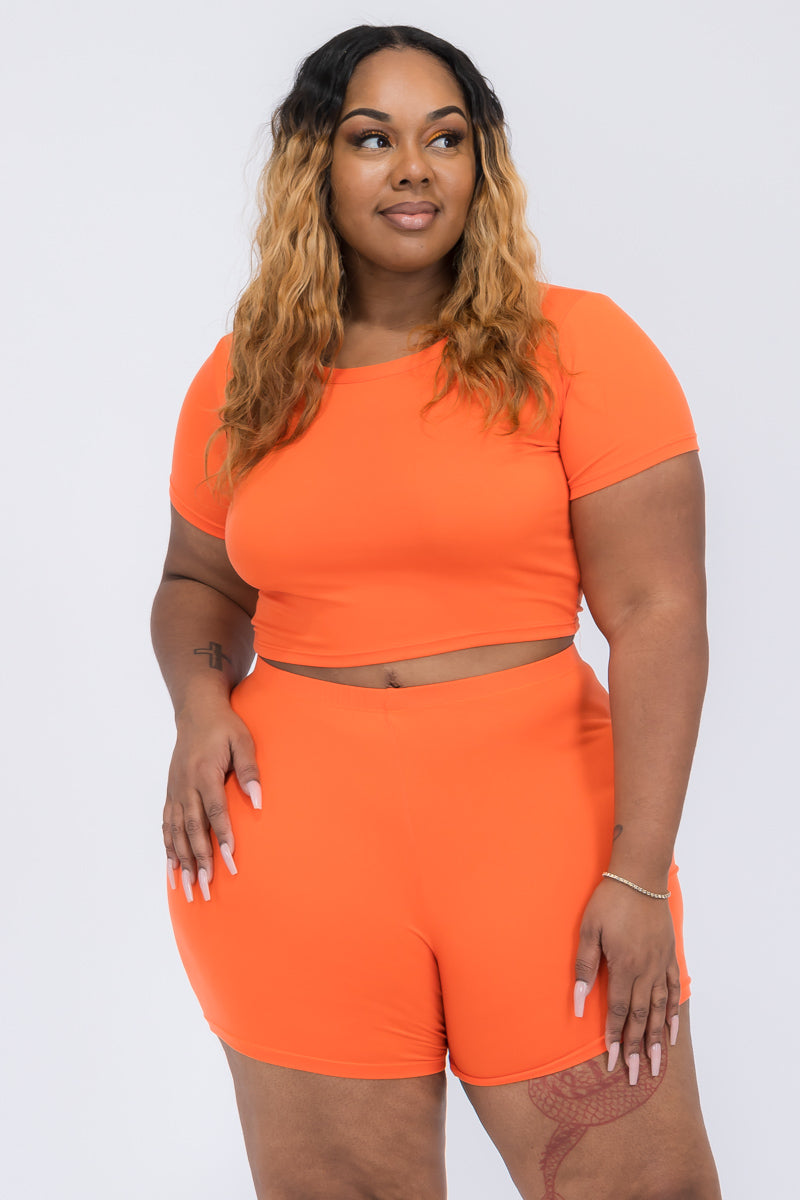 Plus Size Short Sleeve Crop Top & Shorts Set - Capella Apparel