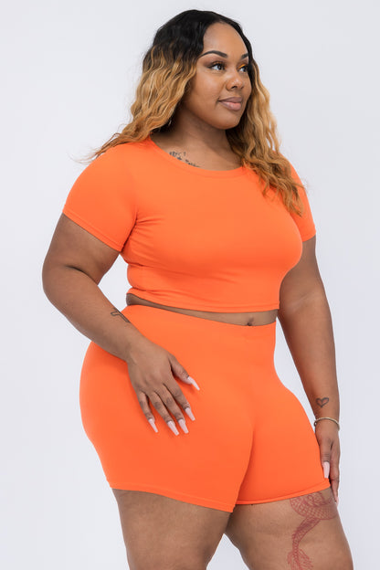 Plus Size Short Sleeve Crop Top & Shorts Set - Capella Apparel