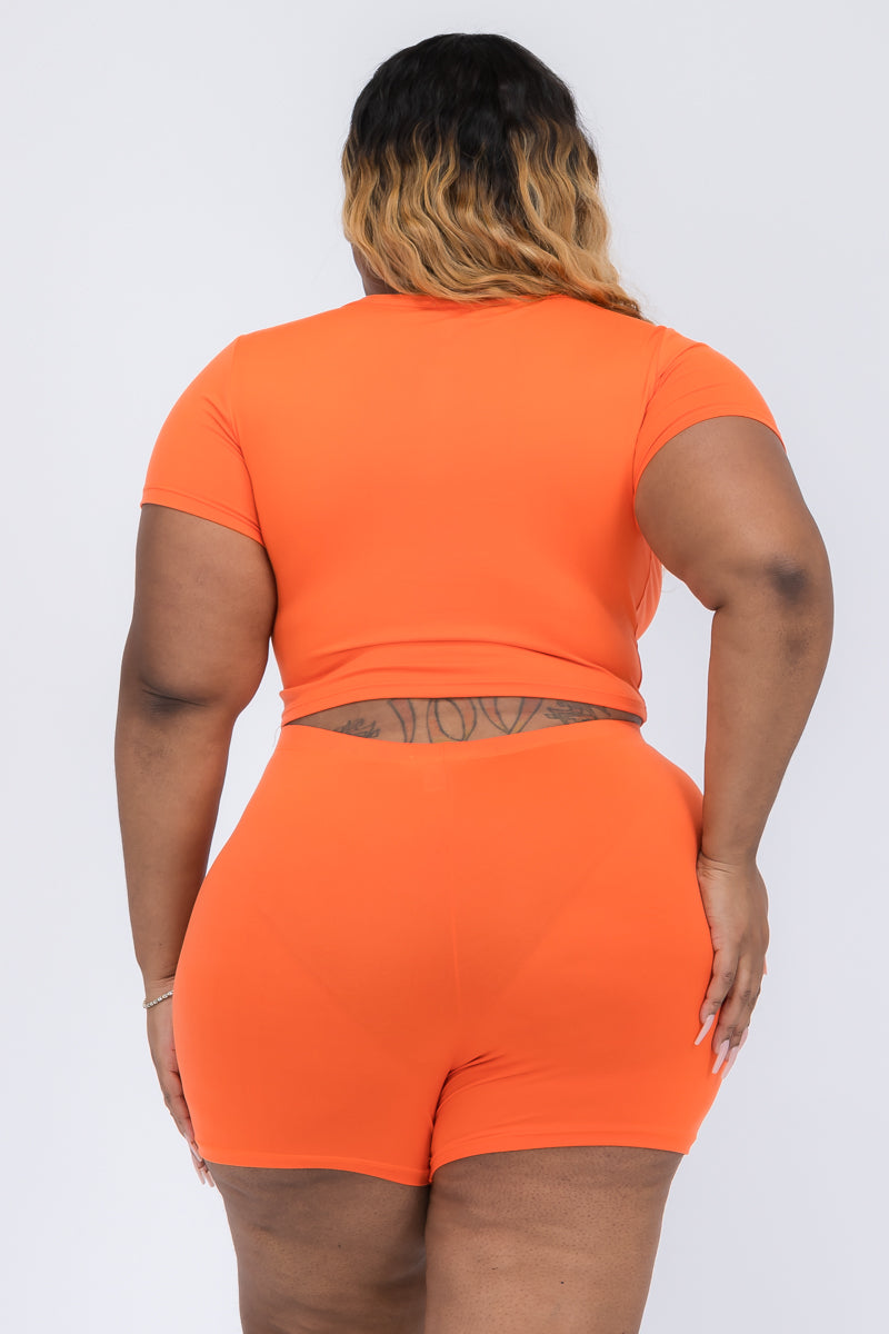 Plus Size Short Sleeve Crop Top & Shorts Set - Capella Apparel
