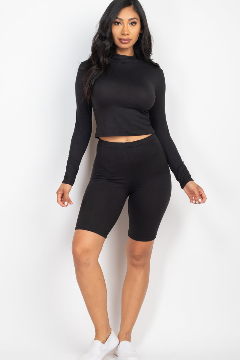 Mock Neck Long Sleeve Top & Biker Shorts Set - Capella Apparel