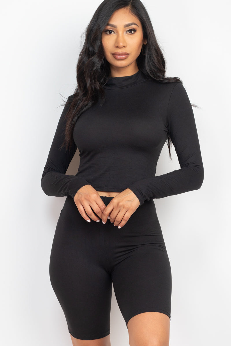 Mock Neck Long Sleeve Top & Biker Shorts Set - Capella Apparel