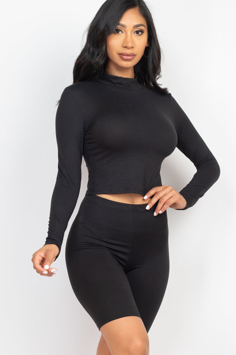 Mock Neck Long Sleeve Top & Biker Shorts Set - Capella Apparel