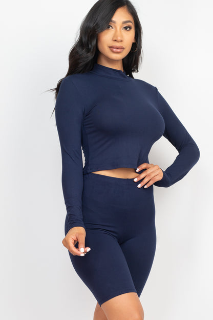 Mock Neck Long Sleeve Top & Biker Shorts Set - Capella Apparel