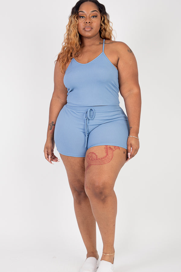 Plus Size Ribbed Crop Cami Top & Shorts Set - Capella Apparel