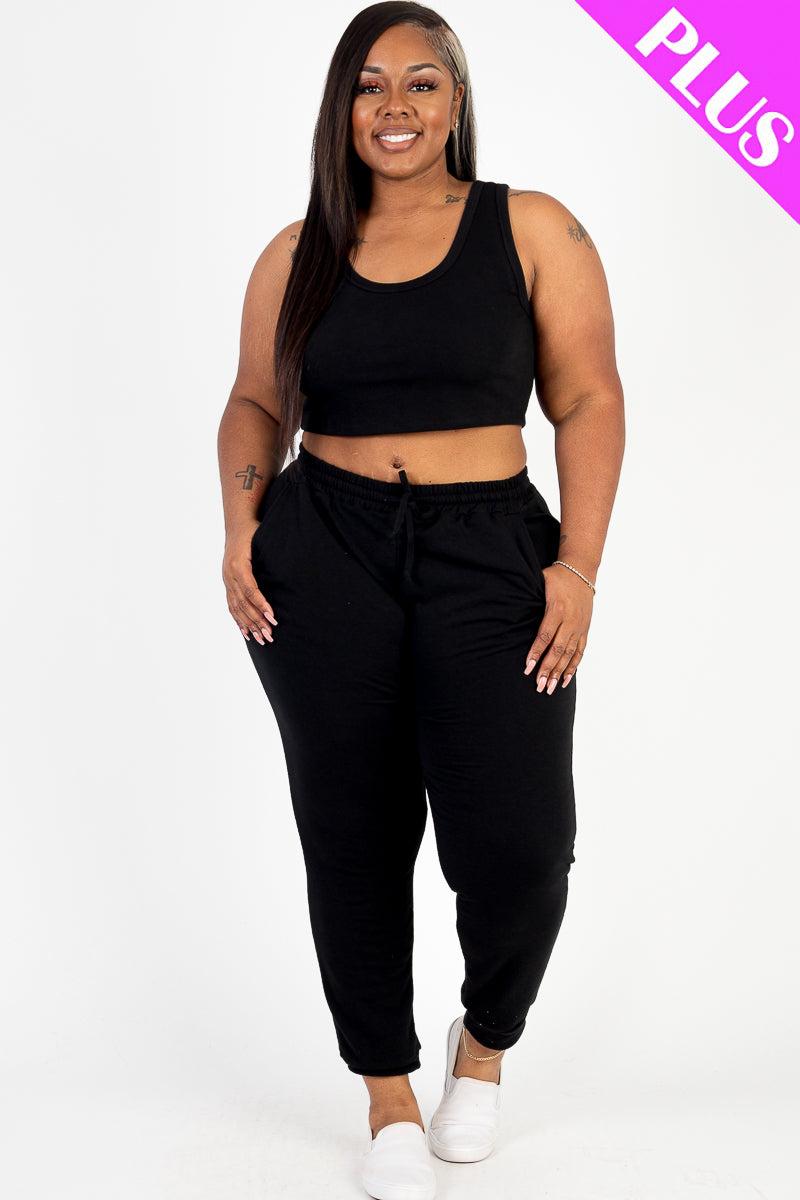 Plus Size French Terry Cropped Tank Top & Joggers Set (CAPELLA) - Capella Apparel