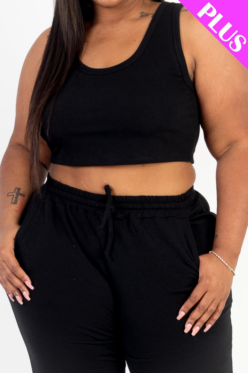 Plus Size French Terry Cropped Tank Top & Joggers Set - Capella Apparel