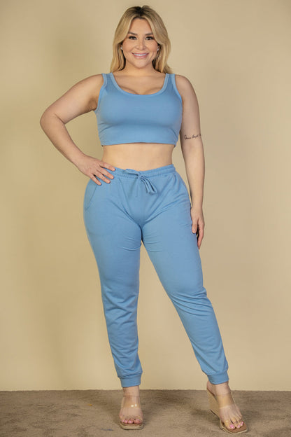 Plus Size French Terry Cropped Tank Top & Joggers Set (CAPELLA) - Capella Apparel